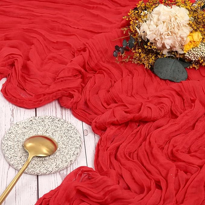 10 Packs Cheesecloth Table Red, 10Ft x 35" Rustic Gauze Boho Wedding Table Runner Decoration, Wedding Table Decor Table Cloth for Wedding Party Bridal Shower Table