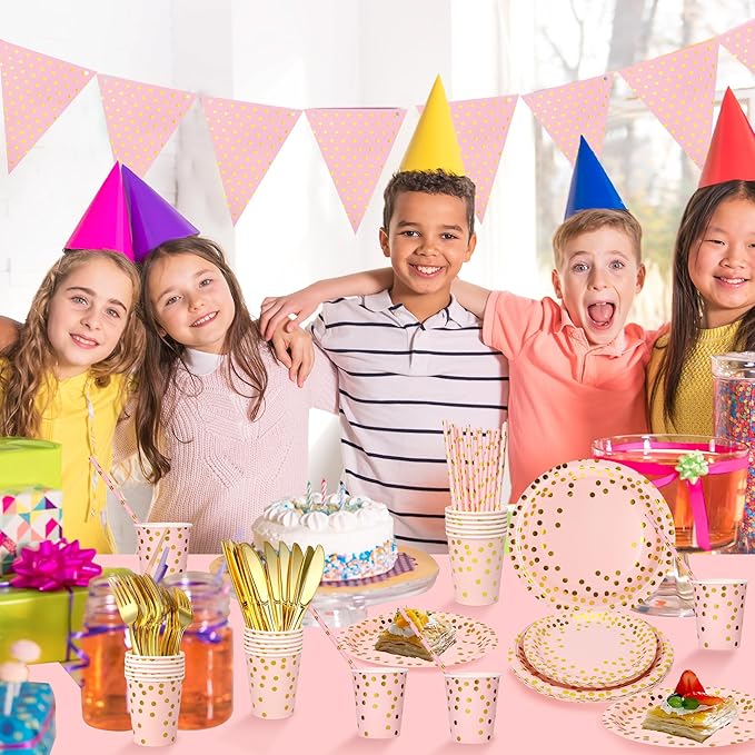 Sylken 186 Pieces pink and Gold Party Tableware Set - 25 Guests Paper Plates, Napkins, Paper Cups, and Tableware for Wedding Shower, graduations, cocktail parties , Birthday etc.