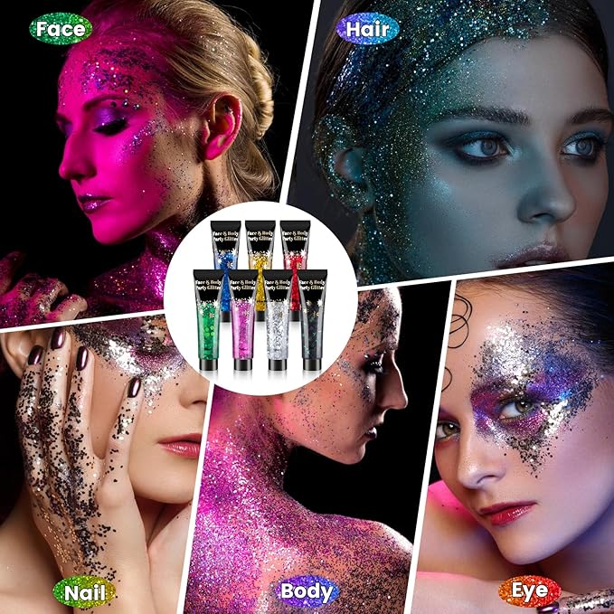 AROIC Face Glitter, 14Pcs Body & Hair Glitter Gel Sparkle Makeup for Women Party Rave Outfits, Concerts Festival Face Paint,Rave Accessories for Music Festivals Black Light Party (7 Colors)