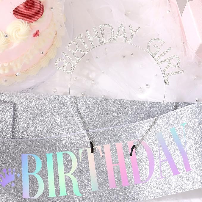 CAVETEE Birthday Girl Crown and Sash, Princess Tiara Happy Birthday Headband Party Accessories for Women and Girls