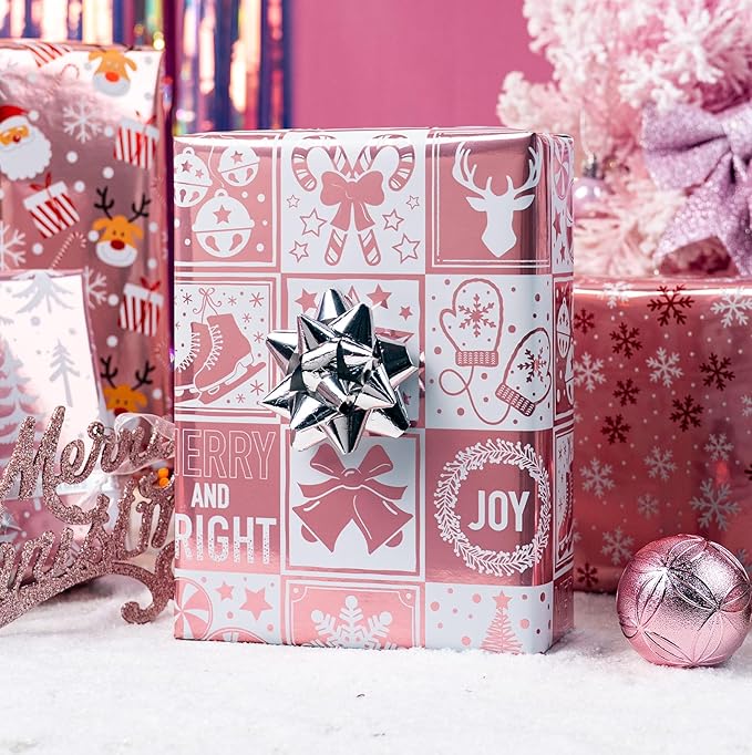 MAYPLUSS Christmas Wrapping Paper Jumbo Rolls with Gridlines - 30IN X 120IN - 4 Roll-Christmas Tree Santa Claus Snowflakes Reindeer Joyful for New Year Holiday Kids