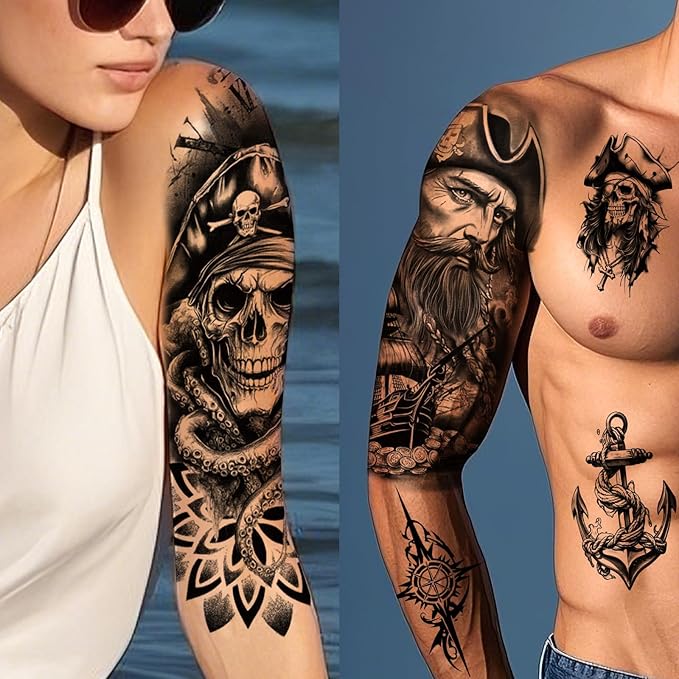77 Sheets Pirate Skull Temporary Tattoo for Women Men, 17 Sheets Half Arm Large Flower Skeleton Octopus Fake Tattoos, 60 Sheets Anchor Clock Black Tiny for Adult Kids Body Tattoos Stickers Realistic