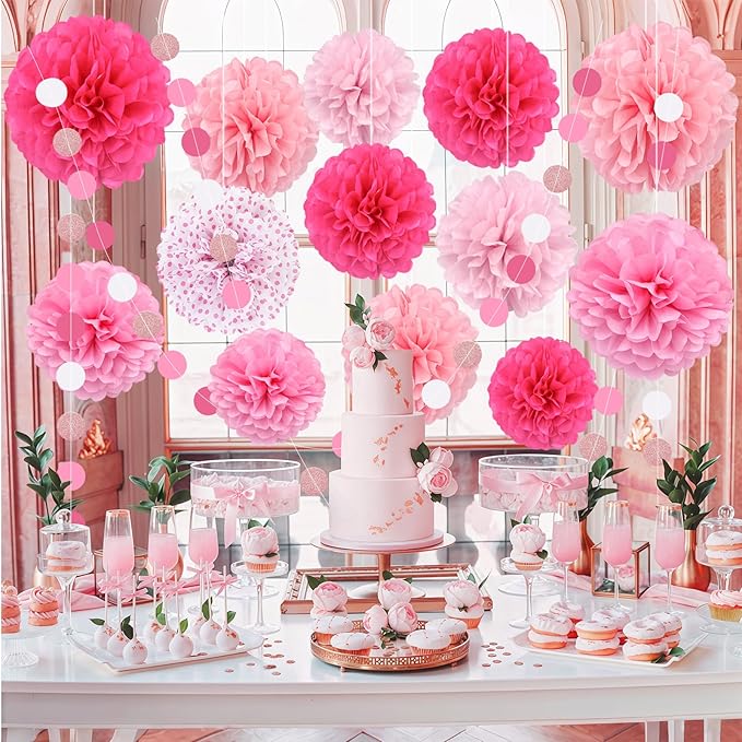 Pink Party Decorations,16 PCS Tissue Paper Pom Poms Dots Paper Garland Hanging Decoration for Pink Theme Birthday Decorations Bridal Shower Wedding Engagement Gender Reveal Celebration