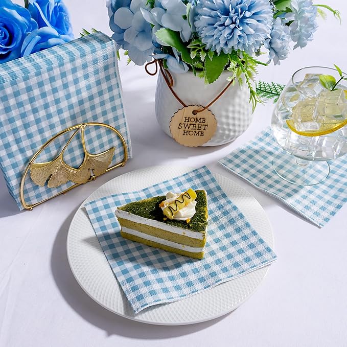 FLOWERCAT 100-Count 2-Ply Blue Checkered Cocktail Napkins Gingham - Blue and White Checkered Napkins Disposable Premium Quality - 5" x 5" Blue Paper Napkins for Easter Party,Bar,Weddings