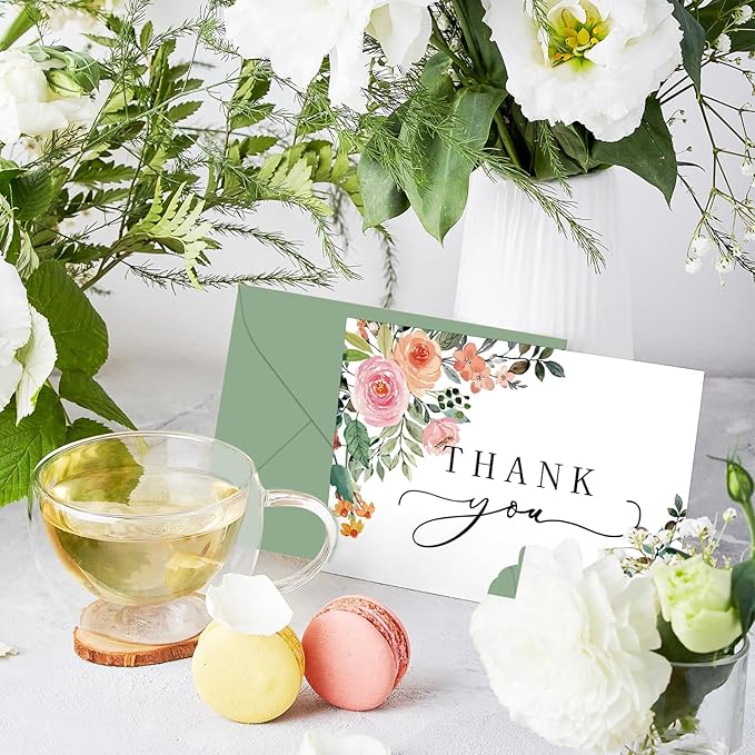 Whaline 50 Pack Floral Thank You Cards Boxed Watercolor Flower with Green Leaves Blank Note Cards with Envelopes Stickers Greeting Card for Spring Wedding Birthday