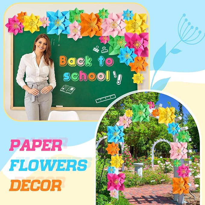 18 Pcs Mexican Paper Flowers Decor for Wall DIY Paper Fiesta Bulletin Board 3D Colorful Mexican Backdrop Decoration for Classroom Back to School Carnival and Holiday Party(Pointed-leaf Clover,Rainbow)