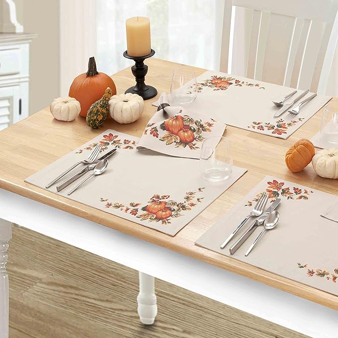 Lintex Thanksgiving Traditions Autumn Harvest Fabric Placemats, Set of 4, Pumpkin Patch and Fall Leaves Border, Easy Care Thanksgiving Fabric Placemat Set