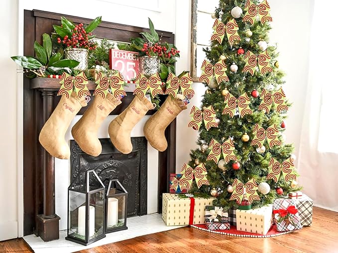 SIMISI RIBBON Christmas Tree Bows Wreaths Graland Xmas Party Decorations Red Green Stripe Ornaments (6 * 6 Inches, 12 Pcs)