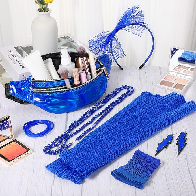 Handepo 19 Pcs 80s Costume Accessories Holographic Fanny Pack Leg Warmers Lace Headband Earrings Gloves Necklace Bracelet