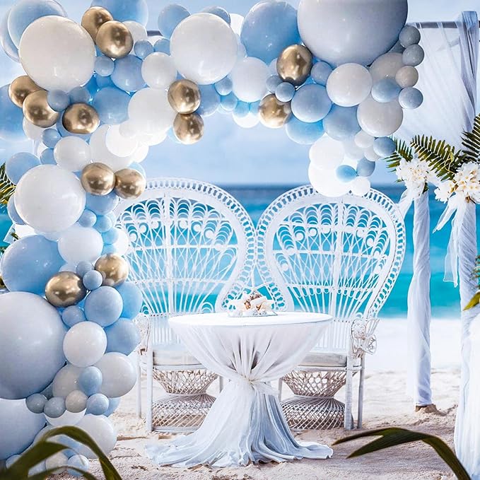 DIY Balloons Garland Kit Blue White and Gold Balloons for Wedding Birthday Festival Party Decoration with Balloon Strip Tape, Adhesive Dots