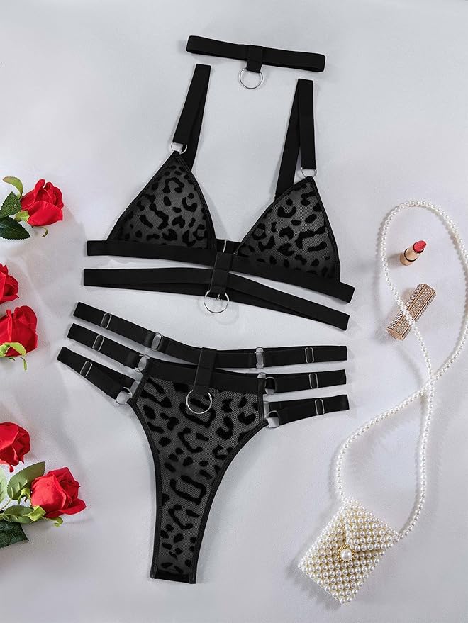 Lilosy Sexy Wireless Choker O Ring Linked Strappy Harness Lingerie Set Outfits 3 Piece