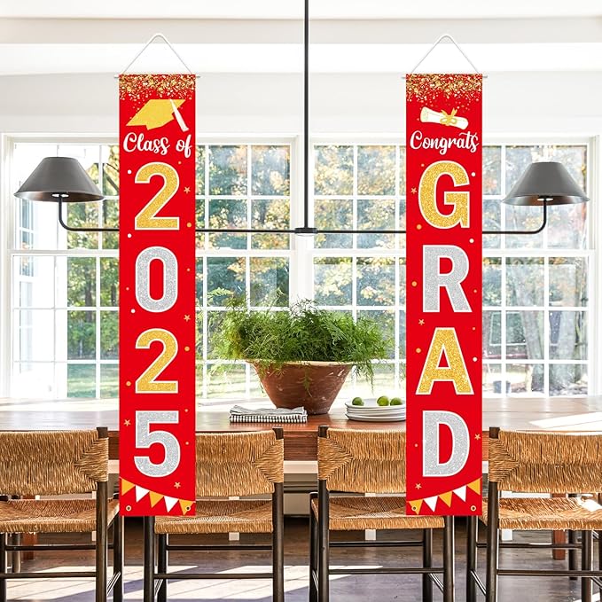 Graduation Decorations 2025 GRAD Banner Red Porch Door Sign Welcome Banner For Indoor Outdoor Wall Graduation Decorations Class of 2025