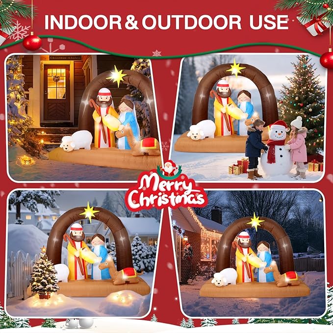 8FT Christmas Inflatables Nativity Scene Decorations Outdoor,Blow Up Nativity Scene with Built-in LEDs Lights for Indoor Holiday Party Yard Garden Lawn Décor