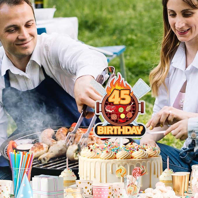 Barbecue Cake Topper 45th Birthday Happy BBQ Sausage Decorations for Men and Women Birthday Party, Summer Outdoor Picnic Party, Anniversary Friends Family Event Gathering Cooking Grill Decoration