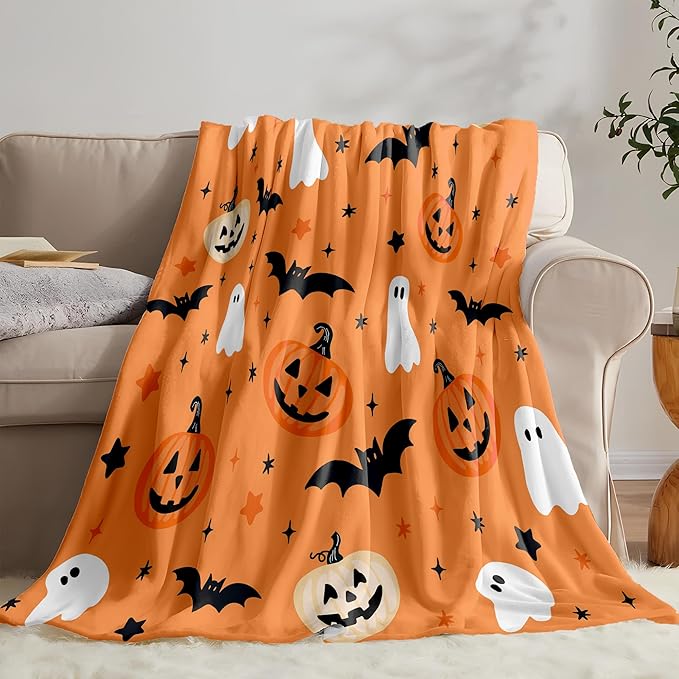 Halloween Flannel Throw Blanket – Ghost, Bat & Pumpkin Pattern – Orange Festive Blanket for Couch or Bed, W50 x L70in