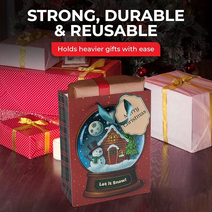 RACHELLE'S Snow Globe Christmas Gift Bags – Small 9"x7"x3" (10-Pack) – Sturdy Paper Gift Bags with Tissue Paper, Tag and Handle – Let It Snow – Perfect for Christmas Holiday Gifting & Party Favors