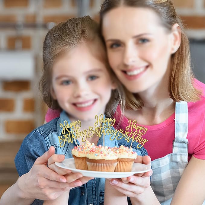 24 PCS Happy Birthday Cupcake Toppers Glitter Picks for Celebrating Anniversary Theme Party Cake Decorations Supplies Gold