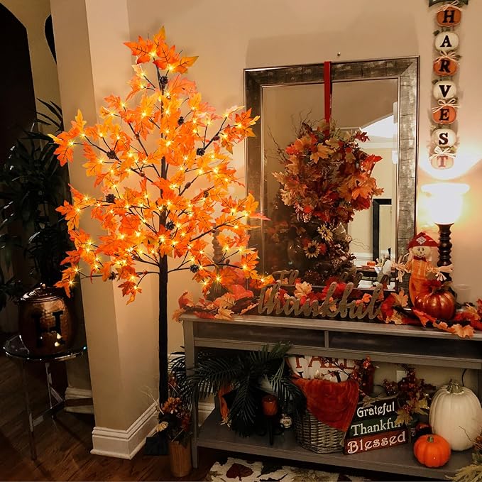 6FT Prelit Fall Maple Tree Decor, 128 LEDs with 8 Acorns 8 Pine Cones & Timer 8 Flashing Modes Artificial Maple Tree Thanksgiving Decor for Fall Home Autumn Halloween Harvest Indoor Outdoor