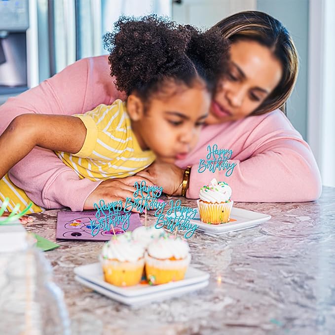 24 PCS Happy Birthday Cupcake Toppers Glitter Picks for Celebrating Anniversary Theme Party Cake Decorations Supplies - Lake Blue