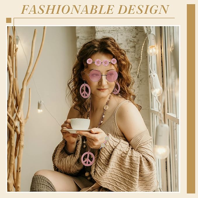 Batiyeer 6 Pcs Hippie Costume Accessories Set, Boho Peace Sign Daisy Flower 60s 70s Party Favors Decor for Groovy Party Women(Pink)