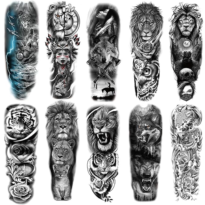 Tiger Lion sleeve Tattoos Fake Lion Tiger Half Arm Tattoos and Full Sleeve Tattoo Stickers for Women Men, 10-Sheet
