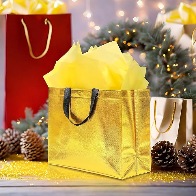KeerxunBag 12Pcs Reusable Gift Bags(Includes Tissue Paper) Gift bag with handle Birthdays Parties Holidays Weddings Medium 13x5x11in Golden Yellow Gift Bags