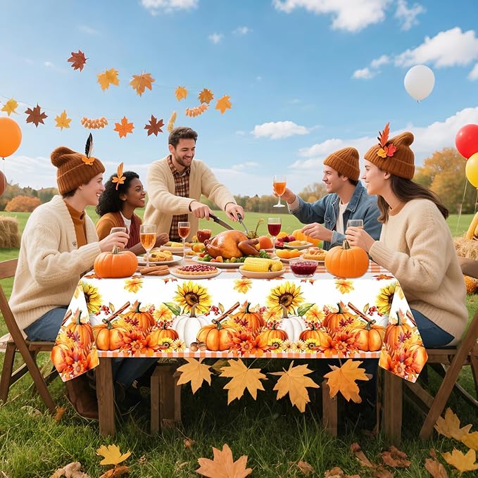 Fall Tablecloth, 2 Pack Thanksgiving Tablecloths Pumpkin Maple Leaves Plastic Table Cloth Disposable Rectangle Plaid Autumn Table Cover for Thanksgiving Day Party Decorations Tables Decor, 54x108 Inch