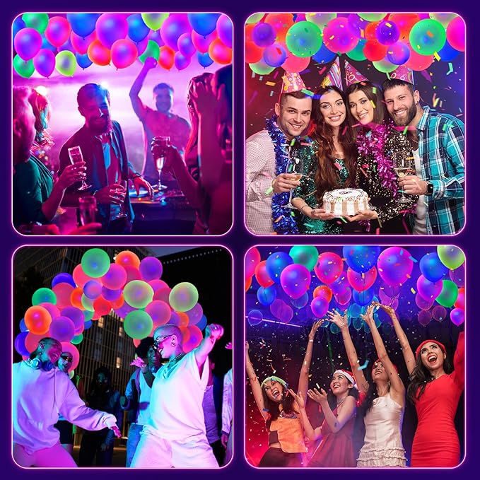 110 PCS UV Neon Balloons, Blacklight Reactive Fluorescent Balloons Glow in the Dark Birthday Decorations for Birthday, Wedding, Neon Party, Glow Party Decorations Supplies