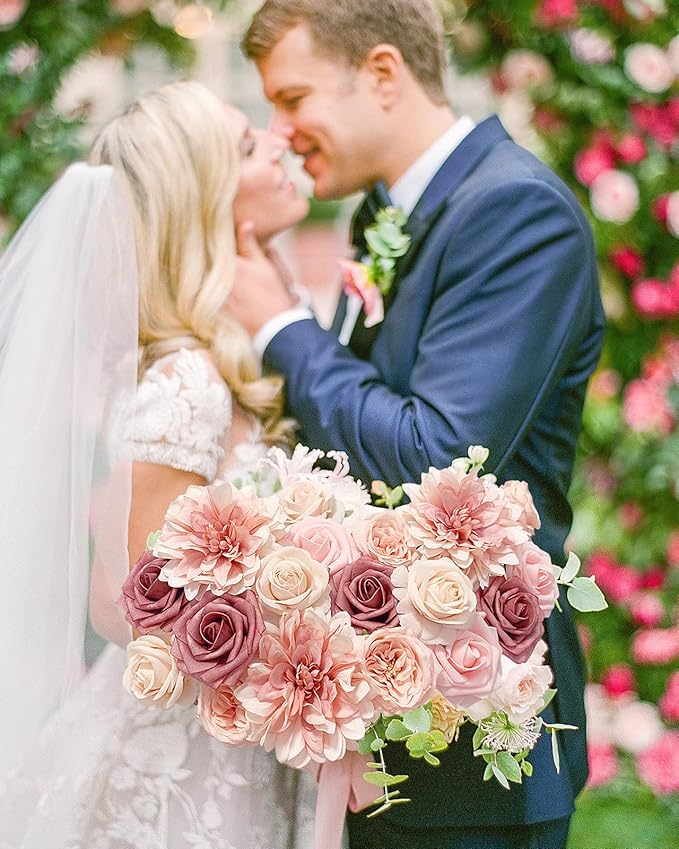 Pink Roses Artificial Flowers Fake Flower Bulk for DIY Wedding Bouquet Bridal Baby Shower Centerpiece Table Decorations Silk Faux Floral Arrangements for Party Home Decor Indoor Dusty Blush