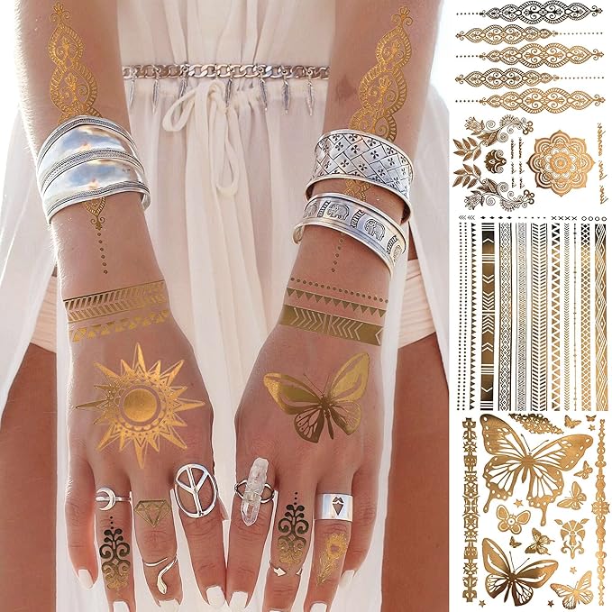 9 Sheets 110+ Designs Flash Gold Temporary Tattoos Metallic For Women Adult, Girl Golden Lion Festival Sun Moon Star Butterfly Glitter Tattoo Sticker, Fake Tattoos That Look Real and Last Long