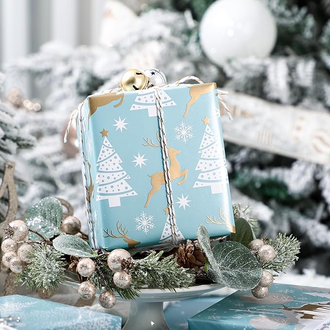 WRAPAHOLIC 30 Inch Christmas Wrapping Paper Roll - Jumbo Roll Blue and Silver Reindeer, Christmas Tree, Snowflake Holiday Design Printed on Pearlized Paper - 4 Rolls - 30 Inch x 120 Inch Per Roll