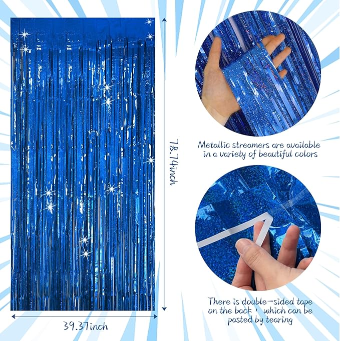 Tinsel Curtain Party Backdrop Blue Birthday Decorations 10 Packs Glitter Foil Fringe Curtain Party Decor Streamers Photo Booth for Birthday Christmas Wedding Halloween Graduation Decorations