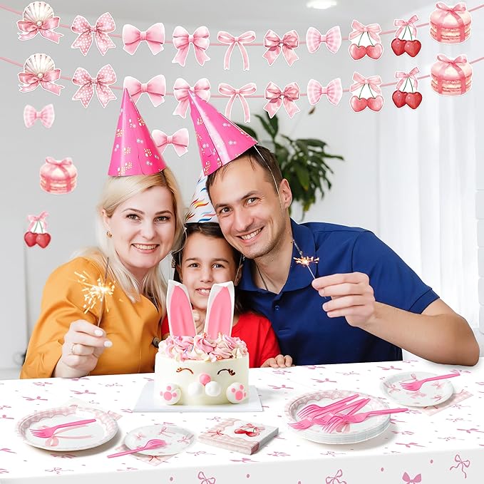 Coquette Pink Bow Party Decorations - Serves 24 - 112Pcs Bowknot Party Supplies, Disposable Plates Napkins Forks Tablecloth Banner Card, for Bachelorette Bridal Engagement Wedding Birthday