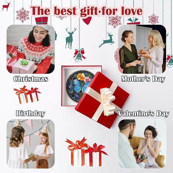 Stained Glass Window Hanging, Blue Butterfly Flower Suncatcher for Doors Home Sun Catchers Decoration and Christmas, Mother's Day Birthday Gifts for Women, Men, and Mom 14.9 in