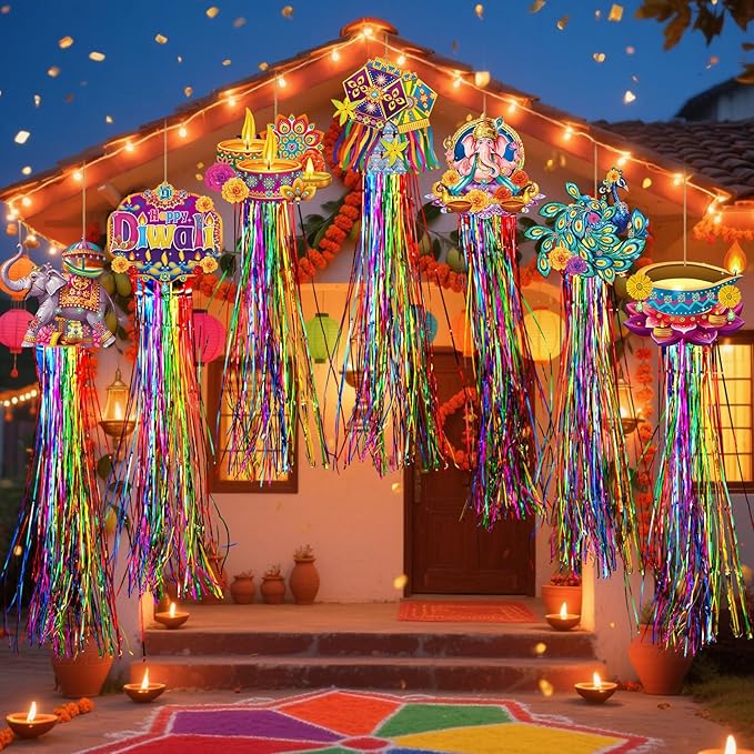 8 Pcs Diwali & Ganesh Chaturthi Outdoor Decorations with Tassels Diwali Yard Hanging Signs 3.3 ft Indian Festival Party Decorations with Ganesha Idol Peacock Lotus for Lawn Garden Decor