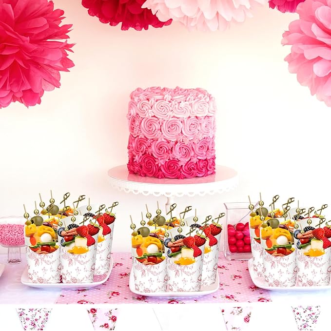 Tioncy 250 Pcs Charcuterie Cups with Cocktail Picks Sets, Bridal Shower Decoration 50 Charcuterie Cups with 200 Sticks for Wedding Baby Shower Floral Boho Witch Party Decorations(Pink,Flower)