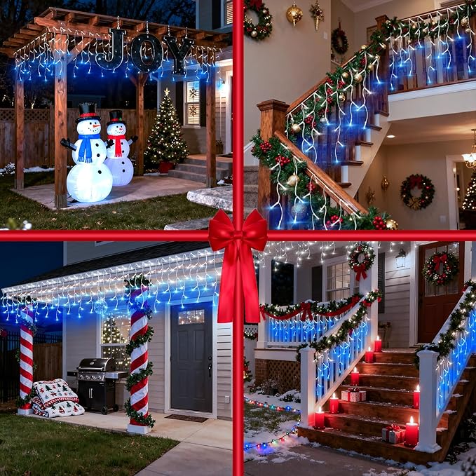 810 LED Christmas Lights Outdoor Indoor, 82ft Blue & White String Lights with 180 Drops, 12 Modes Dimmable Curtain Lights with Timer, Waterproof Twinkle Fairy Lights for Bedroom Window Xmas Decor