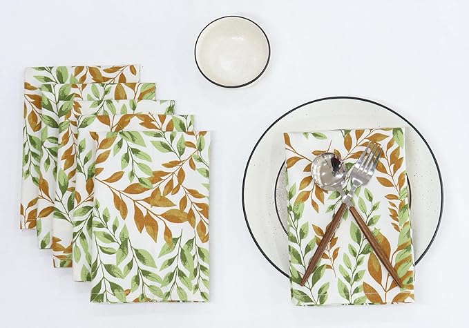 PurpleEssences Fall Harvest Decor Thanksgiving Napkins, 18x18 Fall Cloth Napkins Set of 6, 100% Cotton Autumn Fall Leaves Dinner Napkins for Farmhouse Kitchen, Sage N Autumn