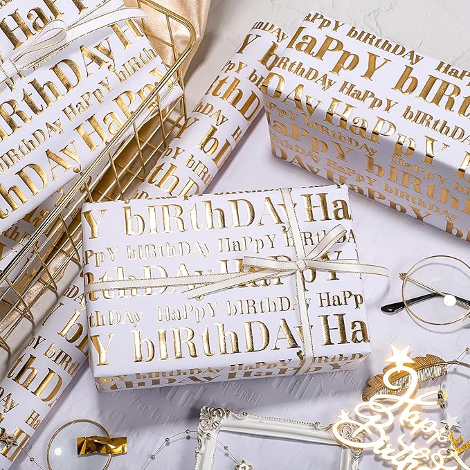 WRAPAHOLIC 3D Kraft Birthday Wrapping Paper Roll - Mini Roll - 17 Inch x 16.5 Feet - Gold and White Happy Birthday Lettering Design with Embossed Perfect for Holiday, Party Celebration