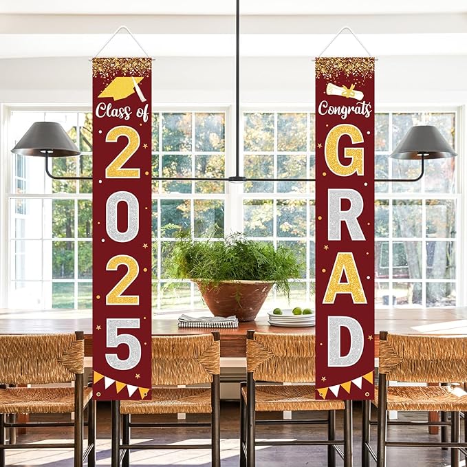 Graduation Decorations 2025 GRAD Banner Maroon Porch Door Sign Welcome Banner For Indoor Outdoor Wall Graduation Decorations Class of 2025