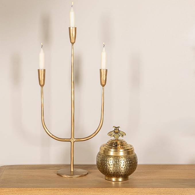 Creative Co-Op Round Hammered Metal Container with Bee Finial, Brass Finish