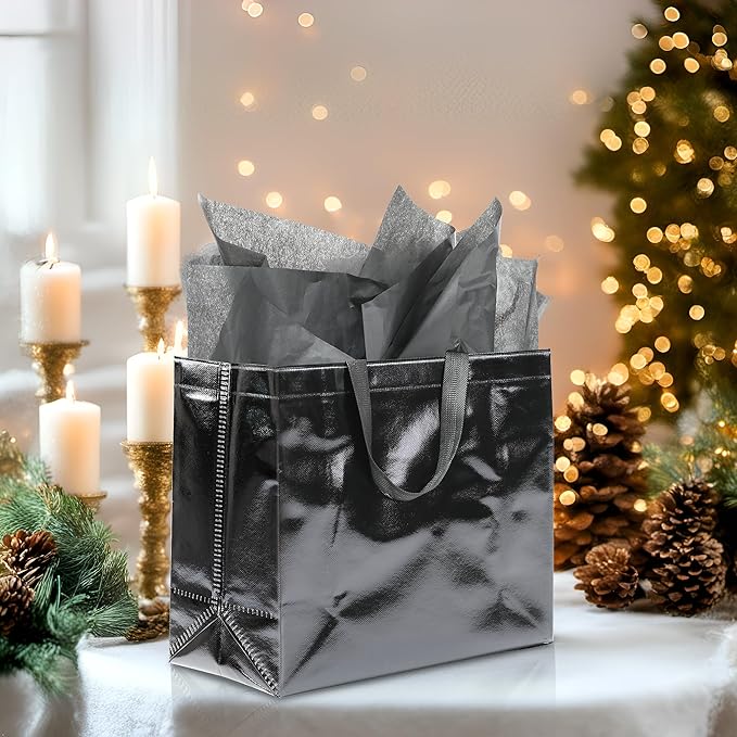 KeerxunBag 12Pcs Reusable Gift Bags(Includes Tissue Paper) Gift bag with handle Birthdays Parties Holidays Weddings Medium 13x5x11in Black Gift Bags