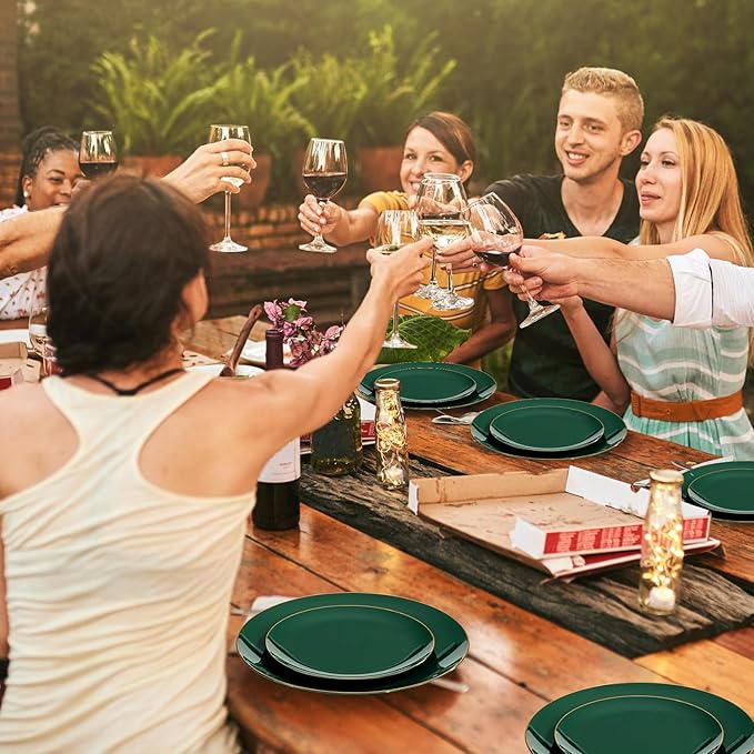 YOUBET 175PCS Green Plastic Plates - Green and Gold Disposable Plates Include 50 Plate, 75 Silverware, 25 Cups, 25 Napkins for Wedding & Party & Christmas