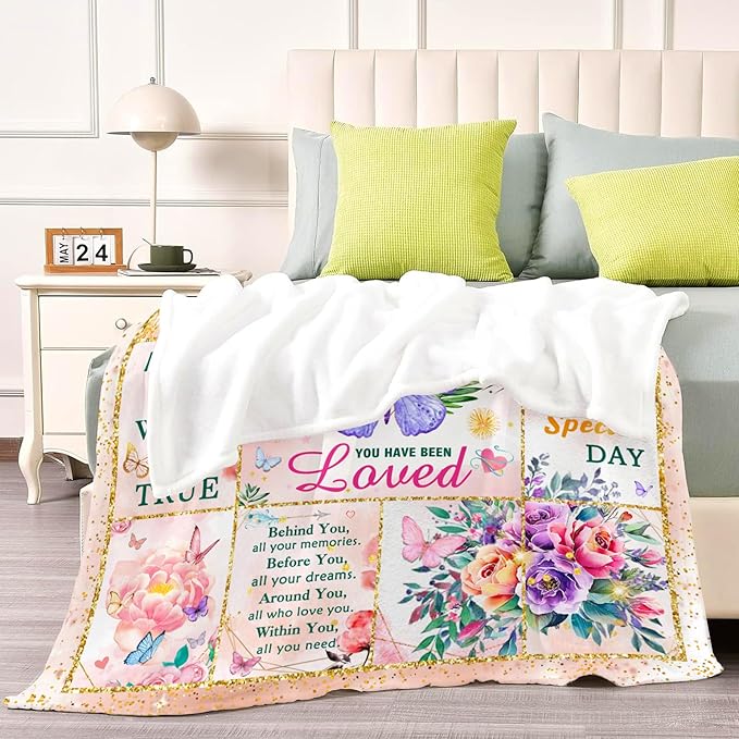 Happy Birthday Gifts for Women, Super Soft Funny Purple Butterfly Flower Bday Decorations Blanket 60"x50" for Women Mom, Birthday Gifts for Girls, Warm Plush Fleece Flannel Blanket for Couch Bedding