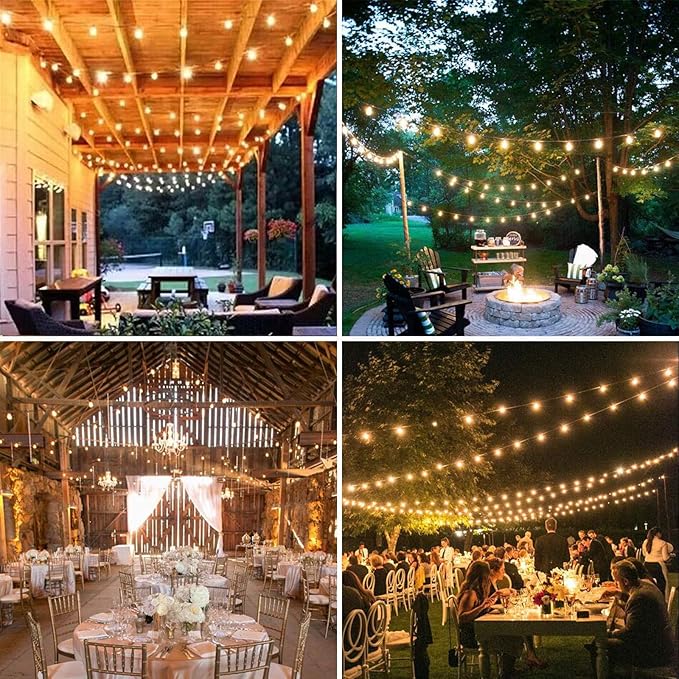 Achin Outdoor String Lights White 100Ft LED Patio Lights Outdoor Waterproof with 50+2 Shatterproof ST38 Bulbs 2200K Dimmable String Lights for Outside Backyard Party Wedding, White Cord