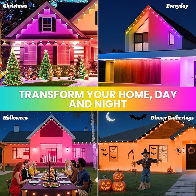 Permanent Outdoor Lights for House, 100 FT RGBIC all year house lights outdoor with Splitter & Bluetooth Remote, DIY via App for Music Sync, IP67 Waterproof Expandable LED Lights for Eaves, Lanai.