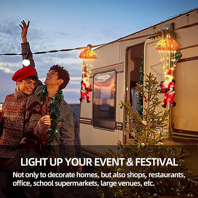 Xmas Santa Claus Parachute Lights - 105 LED 8 Modes 3AA Battery Operated, Warm White Hanging Christmas Decorative Lights for Indoor Outdoor Porch Garden Party Yard