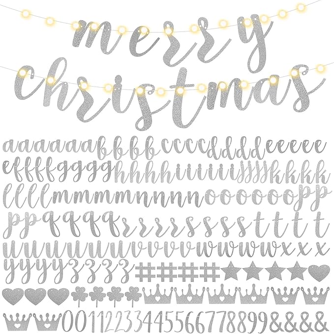 TaoBary 167 Pcs DIY Banner Kit Happy Birthday Glitter Banner Customizable Glitter Make Your Own Kit 162 Letters Symbols and Numbers 3 Rope for Birthday Halloween Wedding Christmas(Silver)