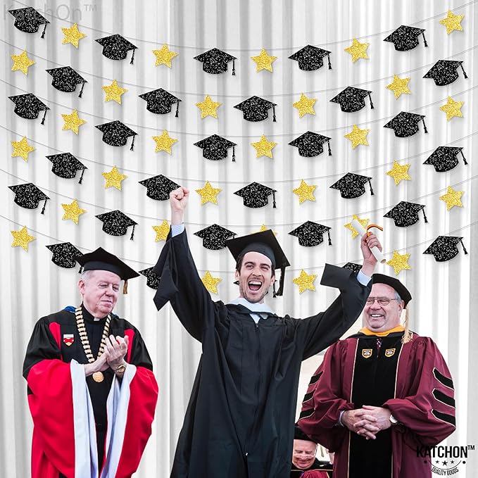 KatchOn, Graduation Cap Garland - 10 Feet, No DIY | Grad Garland Class of 2025, Black and Gold Grad Decorations 2025 | Grad Cap Decor for Graduation Decorations 2025