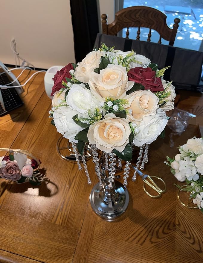 Artificial Flowers Kissing Ball, 2 Pcs Faux Flower Balls Fake Flower 15 Heads Plastic Roses with Base Wedding Bouquets Party Table Decor Home Decor Bouquet for Wedding Centerpieces (Champagne White)